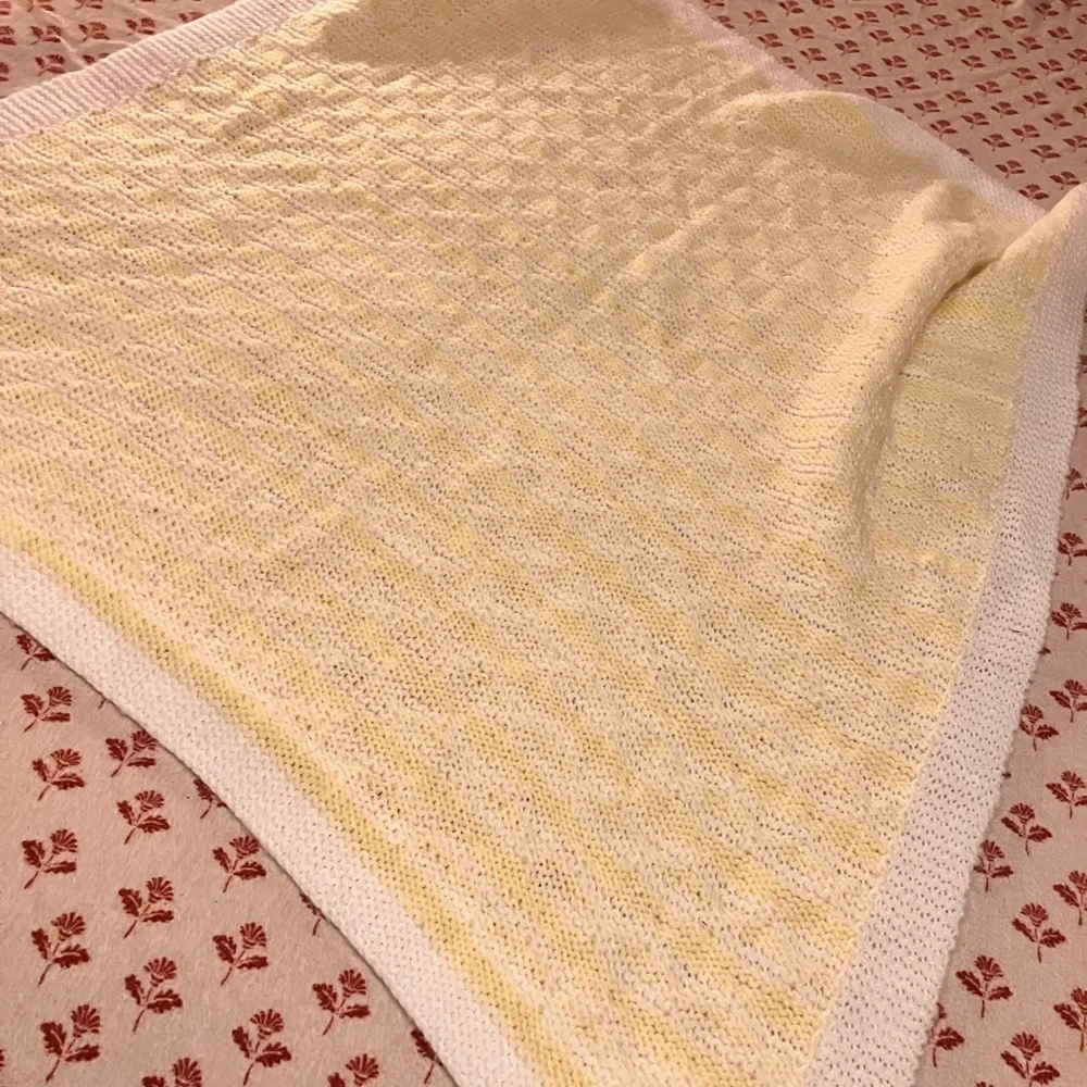 Hand knit pretty throw blanket / baby blanket lemon yellow and white wool blend
